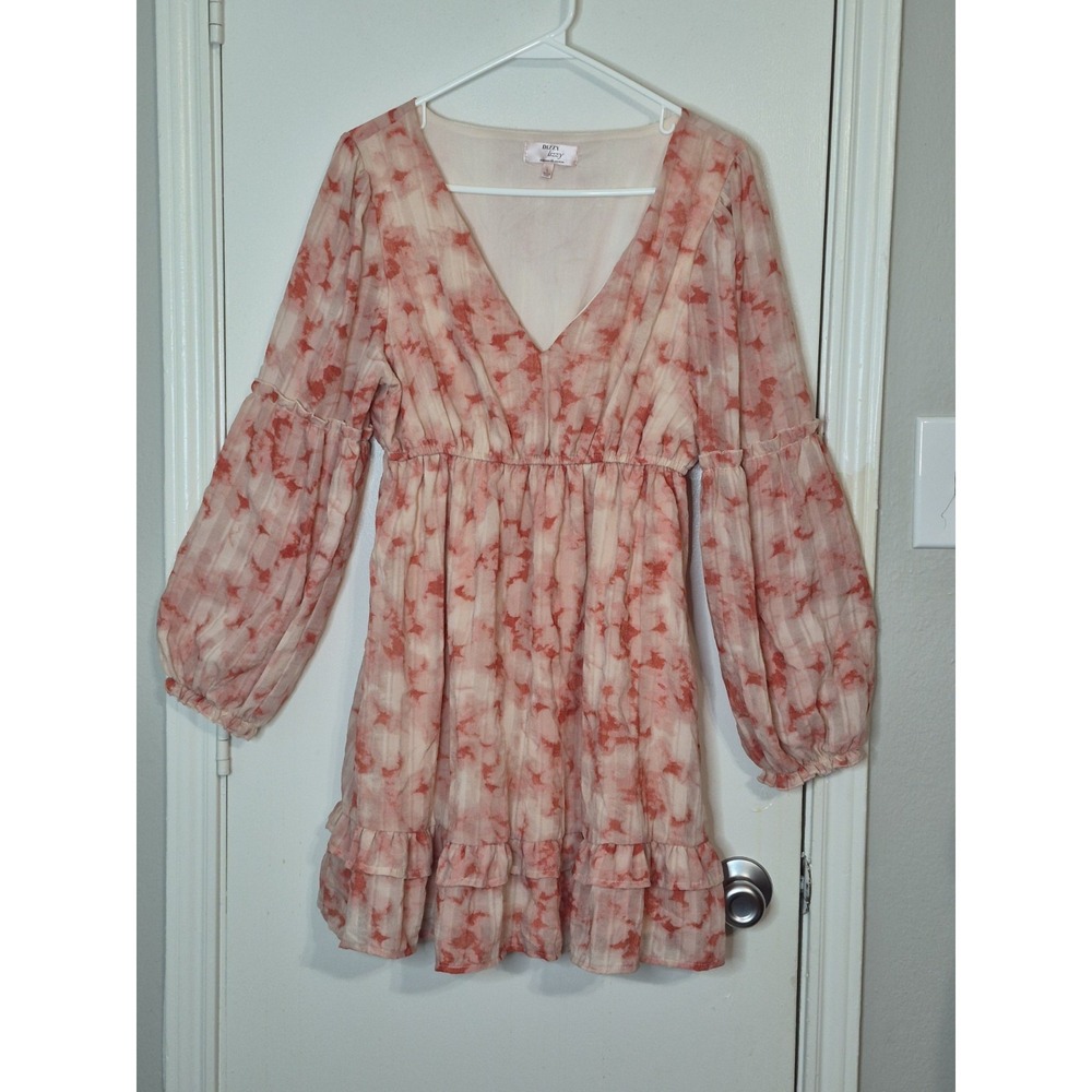 Dizzy Lizzy L Blush Coral Floral Mini Dress Balloon Sleeve Tiered Ruffle Boho